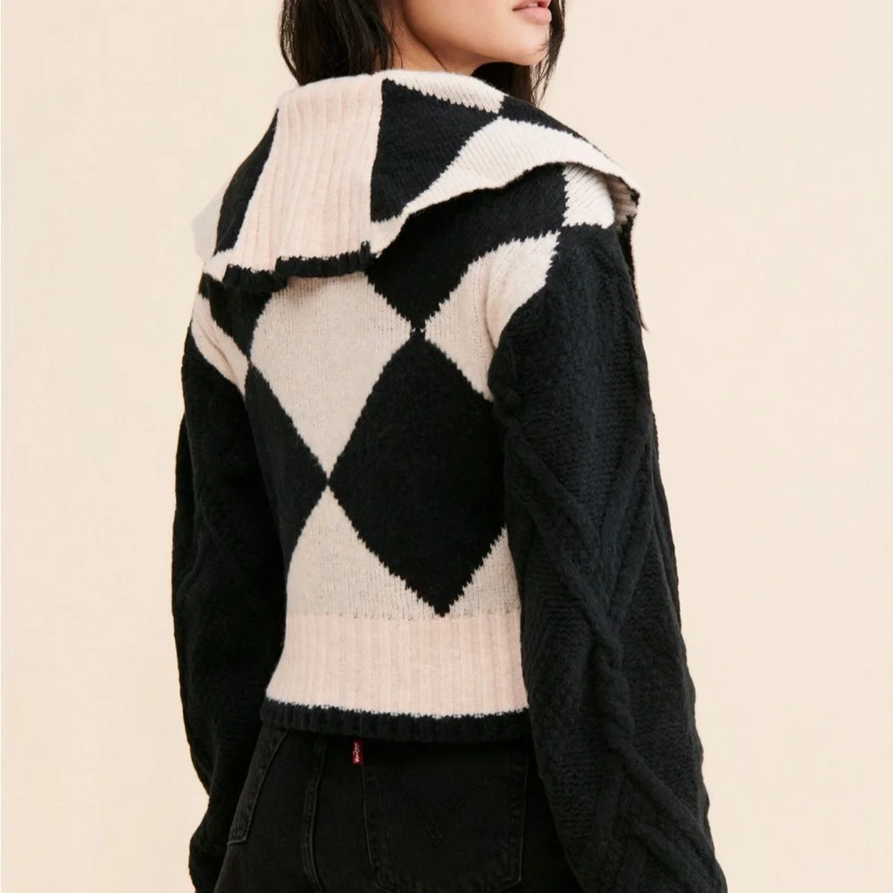 FREE PEOPLE WE THE FREE Joy Diamond Polo Cardigan Sweater in Black Cream size XS